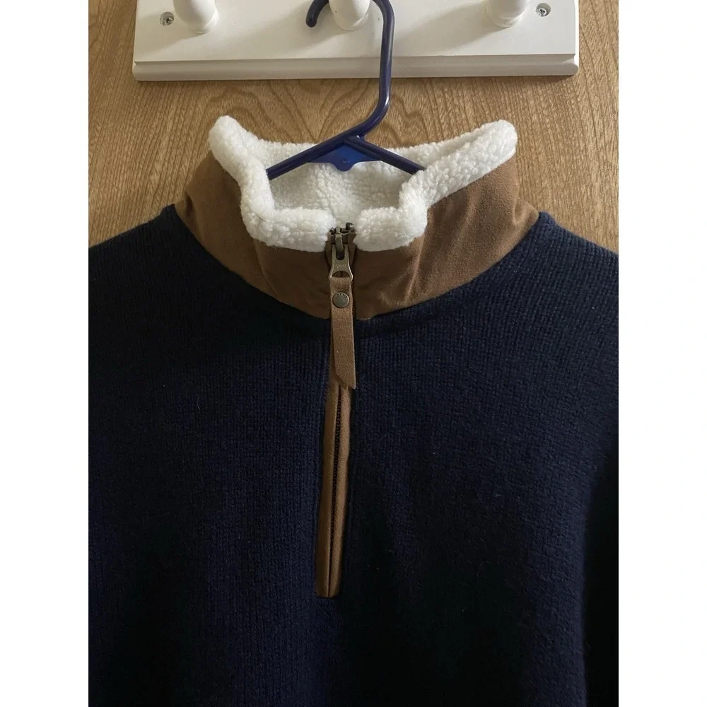 Orvis Men's Navy Blue Lambs Wool Pullover Sweater  Suede Sherpa Collar 1/4 Zip M
